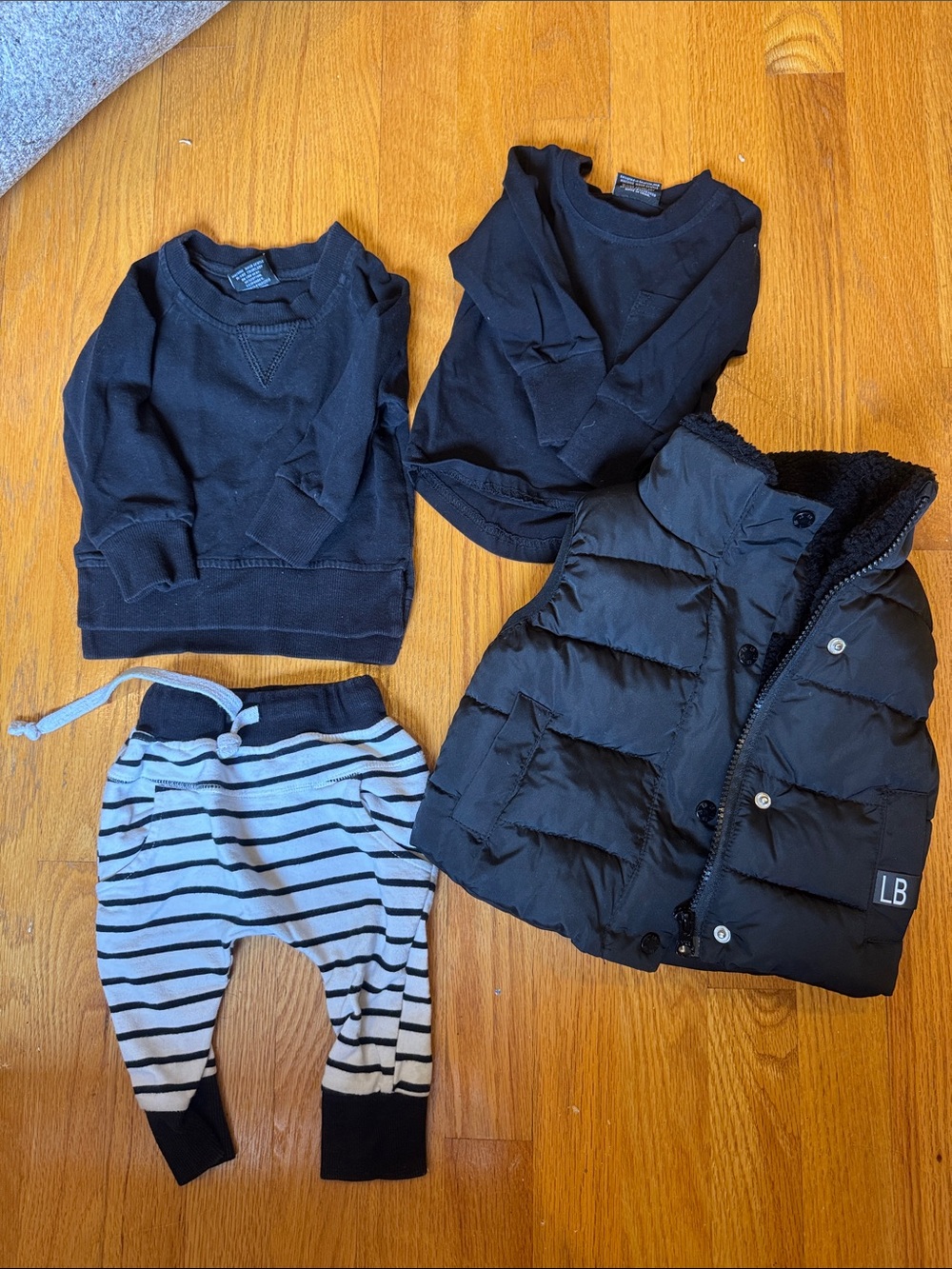 Black Puffer Vest + Black Tops & Striped Pants Set